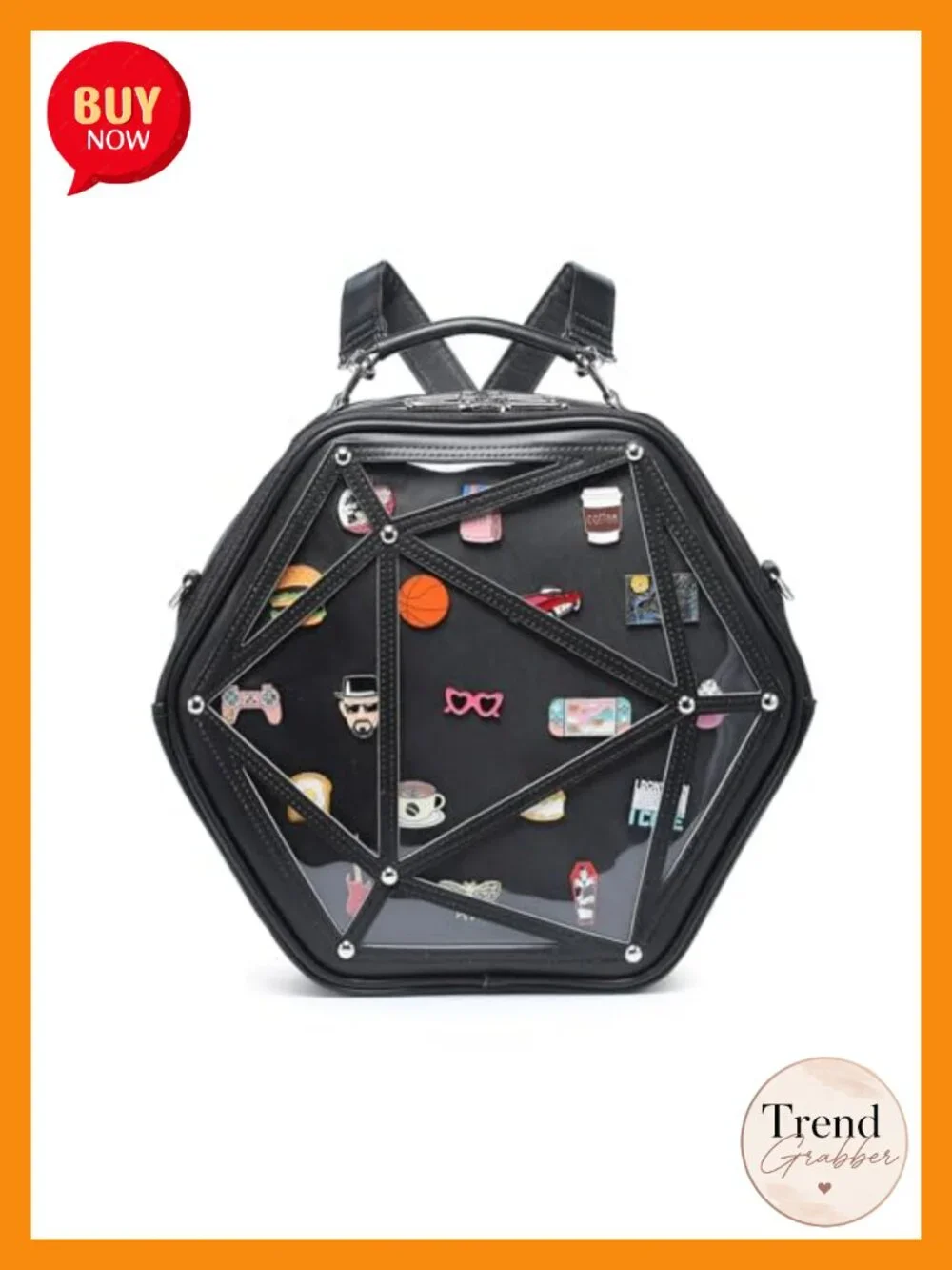 Hexagonal PU Ita Backpack, Clear Pin Window Crossbody Purse for Anime Fans